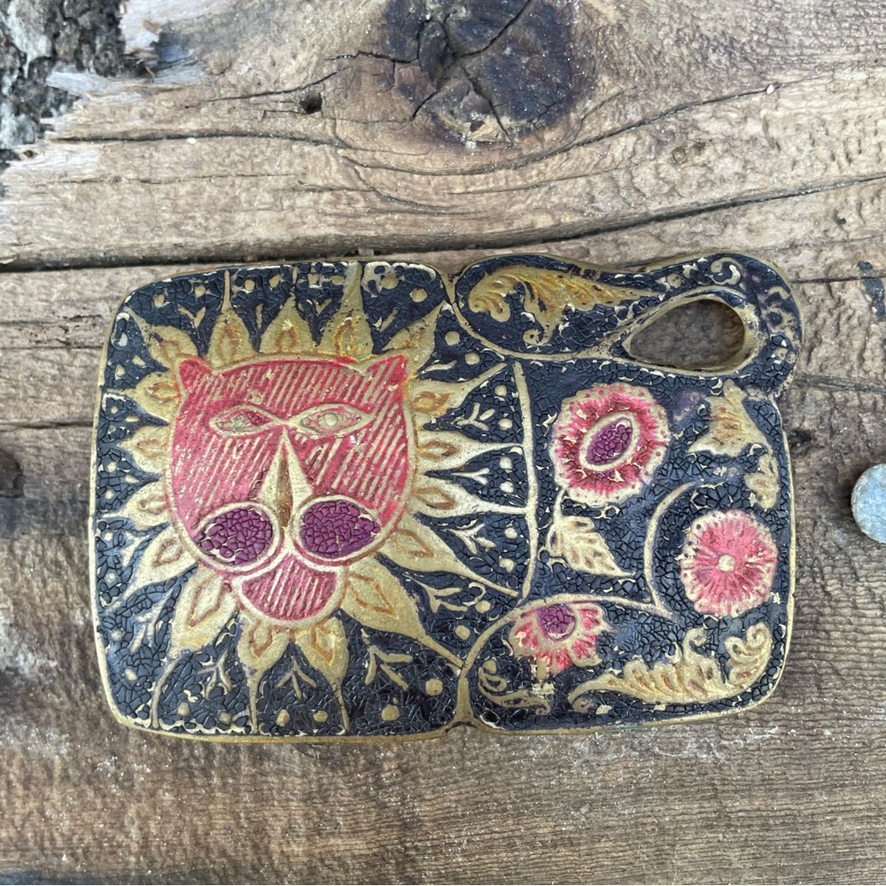 Vintage Handcast Brass Belt Buckle Boho Hippie Botanical & Lion Animal Figural